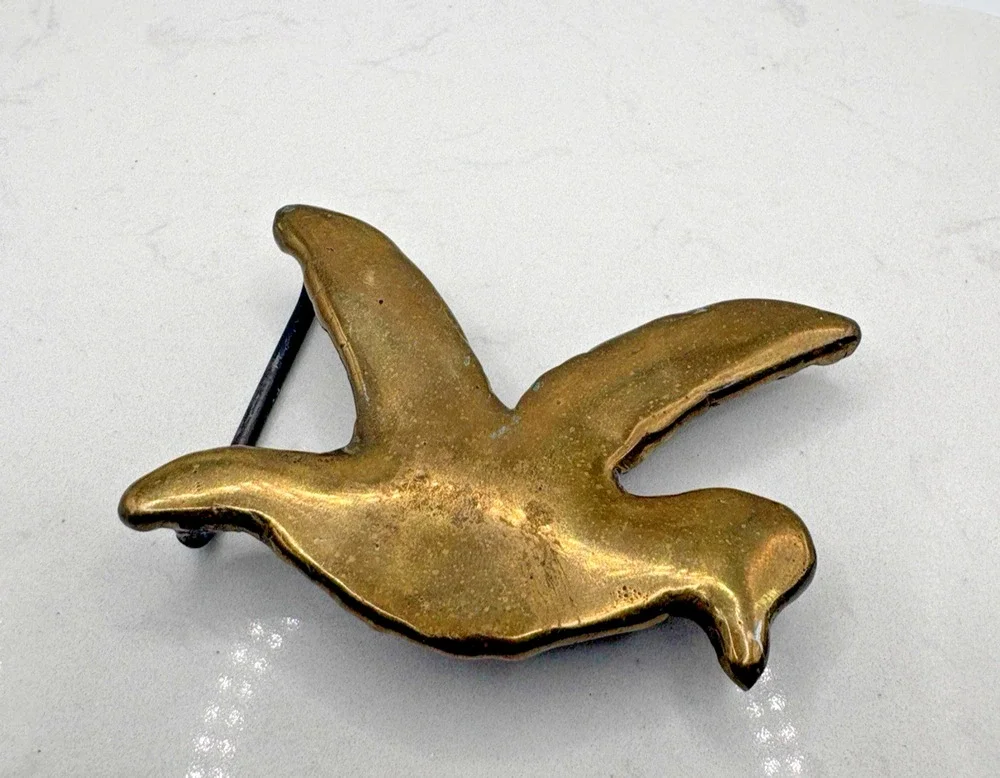 Brass Flying Bird Belt Seagull Beaked Bird Buckle Wood Base Vintage 3.5
